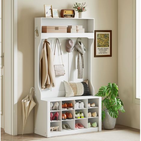 Estantería perchero de madera blanca con banco, 6 ganchos y 12 compartimentos para zapatos, 100 x 35 x 172,2 cm (1/5)