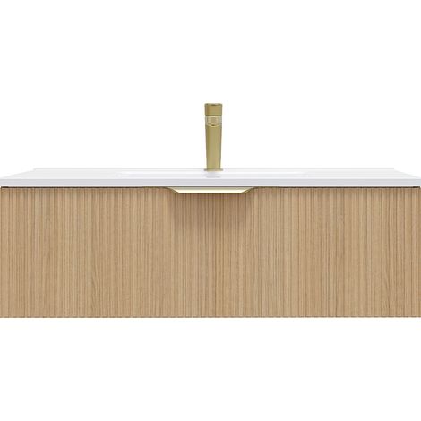 Homifab – Meuble bas de salle de bain suspendu 90cm – Vasque intégrée en céramique blanc brillant – 1 tiroir – Chêne cannelé – Fabrication française (1/5)
