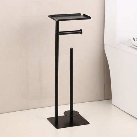 Freestanding Toilet Paper Holder with Top Storage Shelf, Black Toilet Paper Stand, Floor-Standing Toilet Paper Dispenser with 4 Spare Rolls (1/5)