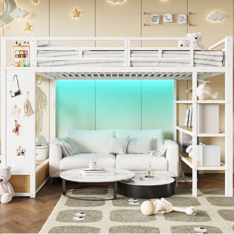 DESVIAE Lit mezzanine 140 x 200 avec dressing ouvert étagères tiroirs panneau perforé éclairage LED blanc métal MDF (1/5)