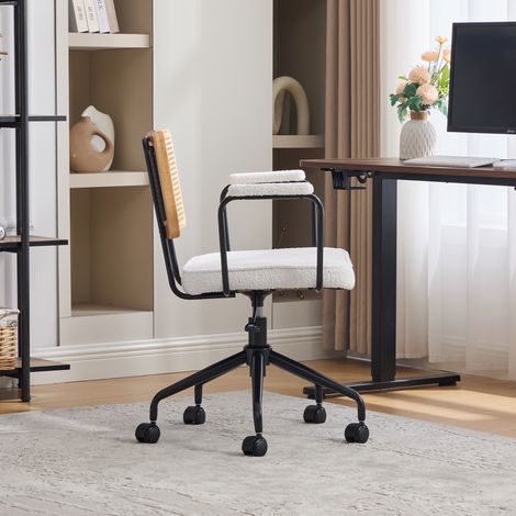 Chaise de bureau vintage en rotin à roulettes - Chaise de bureau pivotante et réglable avec assise en chenille et structure en bois pour bureau à domicile, bureau, salon - Ivoire (1/4)