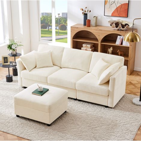 Divano dritto modulare da 3-4 posti in tessuto felpa (chenille), con pouf, 4 cuscini e braccioli regolabili, beige, 218x156,5x86 cm (1/5)