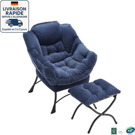 MODFU - Poltrona con poggiapiedi, poltrona relax imbottita con tasche laterali, per soggiorno/camera da letto, flanella, blu (1/5)