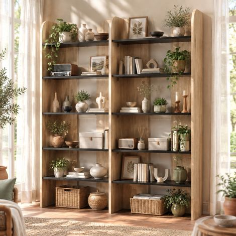 Librería estantería abierta 160 cm, 5 niveles, 135 x 25 cm, natural y negro DESVIAE (1/5)