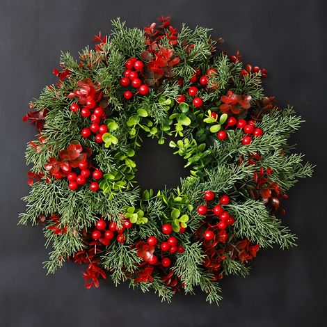 Couronne de Noël de 45 cm avec baies rouges, décoration murale, guirlande artificielle en plastique, couronne pour porte d'entrée (1/5)