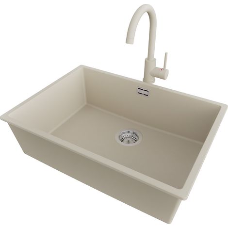 PRIMAGRAN Evier Sous Plan 66x47cm,Evier en Granit 1 bac + Robinet 32x20cm + Kit de Vidage, Évier au meuble 70cm - London, Beige (1/5)