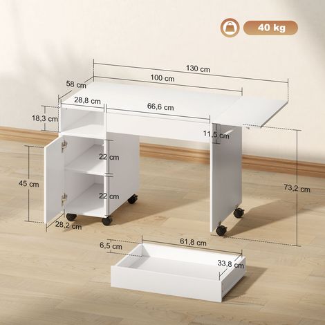Bureau d'ordinateur à roulettes, bureau pliant avec armoire et tiroir, panneaux de particules, blanc (1/5)