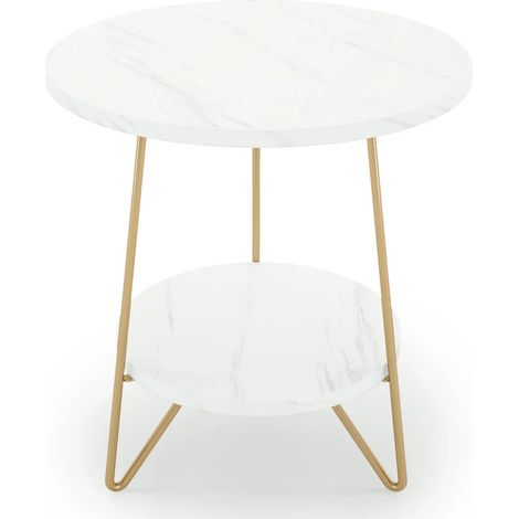 Tavolino rotondo in marmo sintetico e metallo dorato, 48 x 48 x 55 cm, bianco e oro (1/5)