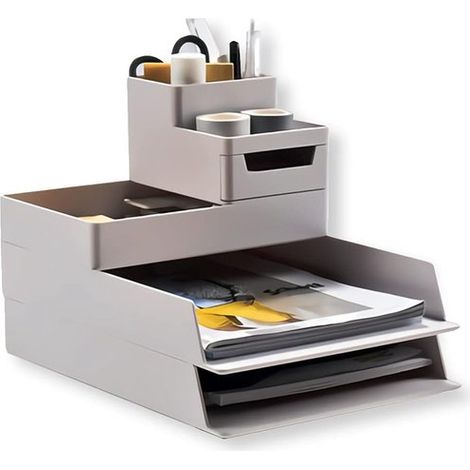 Set de 4 accessoires de bureau – Bacs empilables – Pot à stylos – Plateau à papiers – Blanc et gris (1/2)