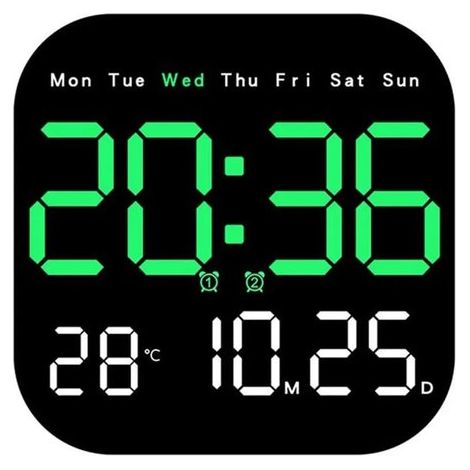 Reloj de pared LED multifuncional con mando a distancia, temporizador, función de cuenta atrás e indicador de temperatura, color verde. (1/5)