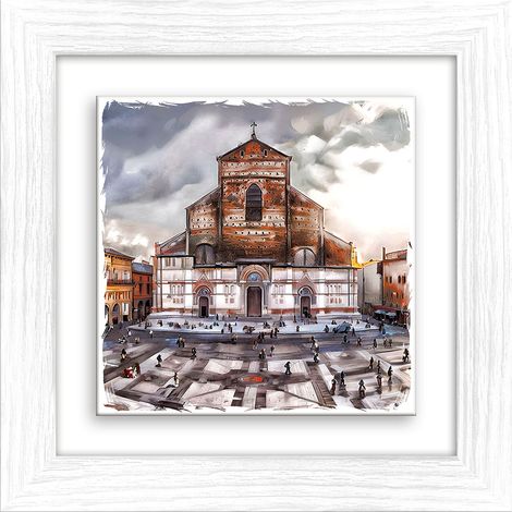 Lupia - Quadro moderno con paesaggi e localismi italiani, Ceramica e Stampa Rilievo, Cornice Legno Shabby Modern bianca, Decorazione Parete, Quadretti Soggiorno, 29x29 cm, BOLOGNA SANTA MARIA MAGGIORE (1/4)