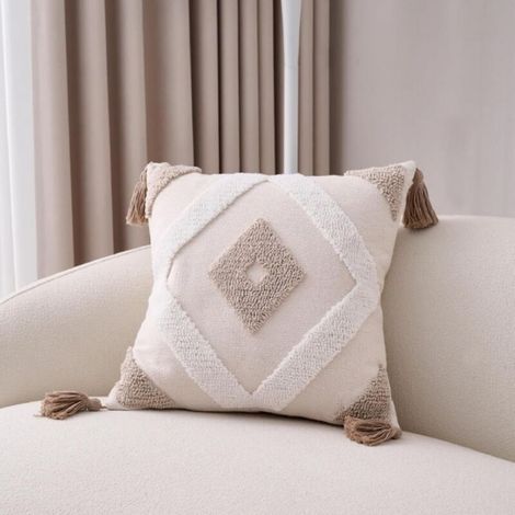 Housse de coussin bohème, coussin décoratif, housse de coussin en coton et lin avec pompon, décorative, canapé, salon, chambre, housse de coussin vintage, sans coussin (45 x 45 cm) (1/5)