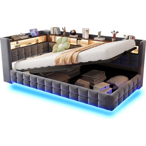 CHICFURN Lit capitonné convertible 90x200 cm gris, avec coffre hydraulique, étagères en bois, LED, prises USB et Type-C, sommier à lattes, idéal chambre compacte (1/5)