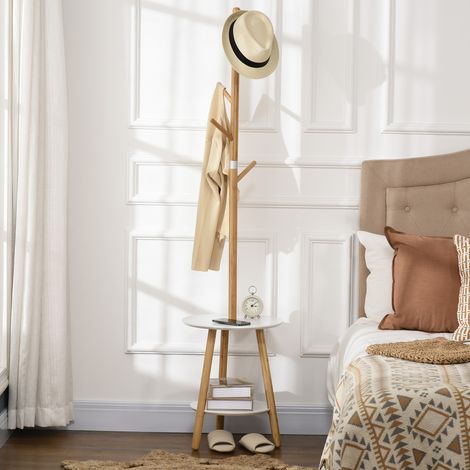 HOMCOM 2-in-1-Garderobe aus Bambus, freistehend, mit 2 Ablagen und 5 Haken für Kleidung und Taschen, für den Eingangsbereich, 39,5 x 39,5 x 171 cm, Natur