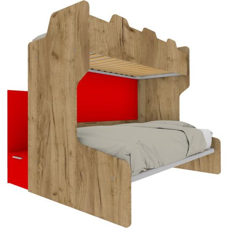 Letto a castello salvaspazio con scala contenitore - 1 Piazza e mezza + singolo - Quercia e Rosso (1/5)