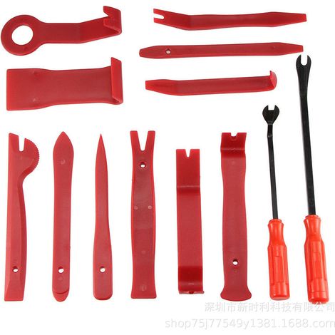 Ensemble de 13 outils pour l'installation et le démontage d'autoradios : leviers, plaques de levier, clips en caoutchouc, tournevis et outils de réparation.