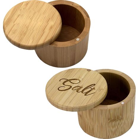 Boîte à sel en bambou, récipient à sel avec couvercle, salière, bol avec couvercle pivotant magnétique (2 pièces) (1/5)