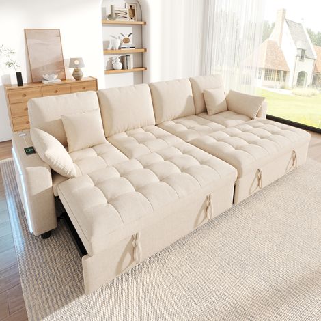 Canapé d’angle convertible 4 places en L avec 2 couchages à extraction séparée, canapé-lit avec LED, USB/Type-C, dossier 3 positions, chenille, beige (1/5)