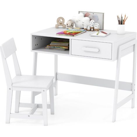 Conjunto de escritorio y silla para niños con almacenamiento, color blanco