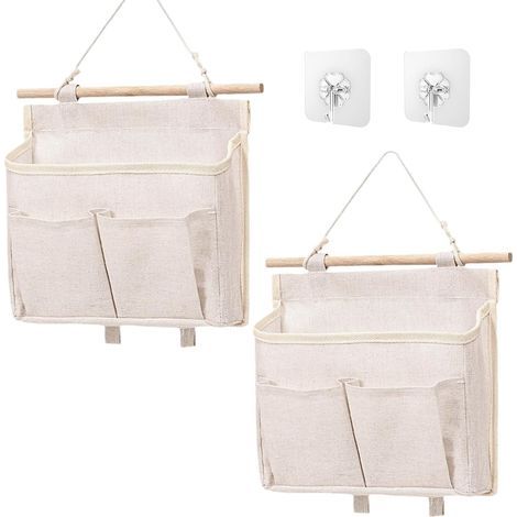 2 Pièces Rangement Suspendu Suspendre Sac De Rangement Mural avec Poche Tissu Lin Pliable Vide Poche Mural Sac à Suspendre Organisateur pour Chambre Bureau Salle de Bain Cuisine(Beige) (1/5)