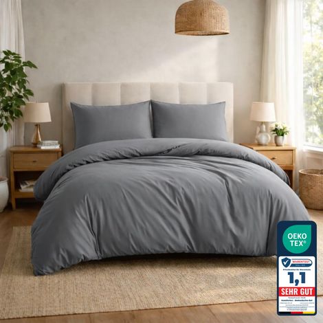 Housse de Couette 3 pièces Super Douce 200x200 cm + 2 taies d'oreiller 40x80 cm, 100% Microfibre brossée, Gris (1/5)