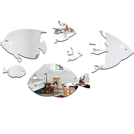 Kreative Acryl-Wandaufkleber, Spiegel, tropische Fische unter dem Meer 3D, Heimdekoration für Kinderzimmer (Silber)