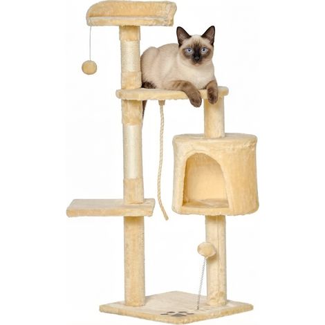 CHICFURN Albero per gatti 40 x 40 x 114 cm beige in truciolare, sisal e peluche (1/5)