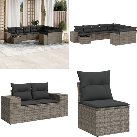 10-tlg. Garten-Sofagarnitur mit Kissen Grau Poly Rattan - Gartenmöbel - Esstischgarnituren - Outdoor Möbel - Lounge Set - Rattan Gartenmöbel - Home & Living
