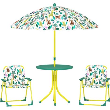 Set da giardino per bambini 4 pezzi con ombrellone regolabile, tavolo e 2 sedie verde (1/5)