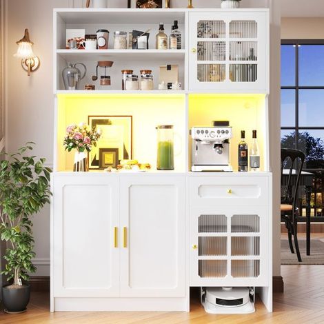 Buffet cuisine 130x50x180, buffet haut vitrine portes vitrées LED, blanc (1/5)