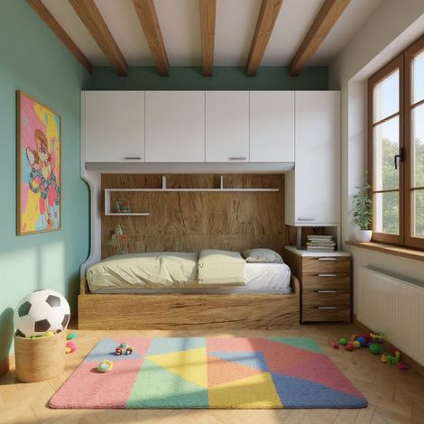 Cameretta a ponte con letto estraibile e spazio intelligente - Bianco e Quercia
