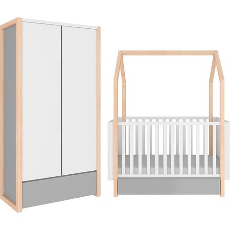 Hüttenbett 70x140 und 2-türiger Kleiderschrank Bellamy Pinette Weiß und Grau (1/5)