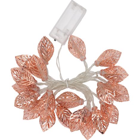 Guirlande lumineuse rose doré à 20 LED, étanche, à piles, en forme de feuilles ajourées, pour décoration intérieure de porte ou de fête.