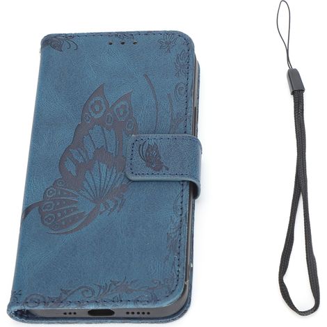 Étui portefeuille pour iPhone 12 Pro, en cuir PU, à rabat, avec emplacement pour carte de crédit, bleu