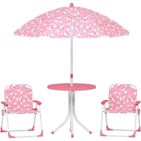 Ensemble mobilier jardin enfant rose 4 pièces style bistrot, table et chaises équipées d'un parasol pour extérieur