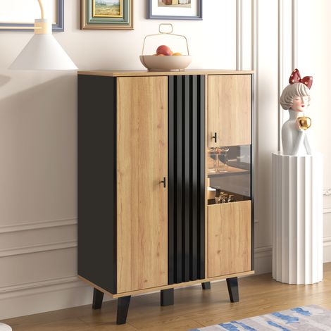 Buffet vitrine avec éclairage LED et portes en verre 80 x 40 x 120 cm, noir et bois DESVIAE (1/5)