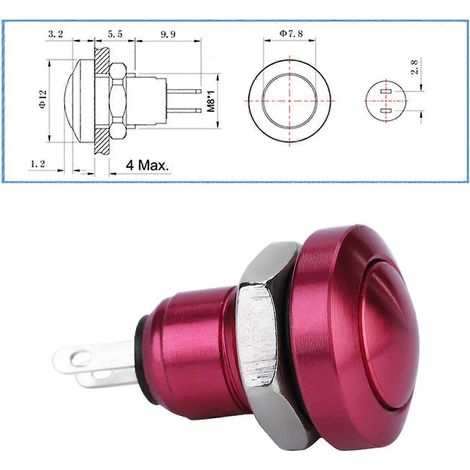 Bouton-poussoir momentané automobile miniature étanche 1 A 24 V 8 mm, alliage zinc-aluminium, rouge