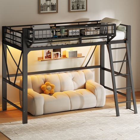 Modernluxe - Lit mezzanine en métal 90x200 cm - avec panier de rangement - avec LED - avec barrière de sécurité - Noir (sans matelas) (1/5)