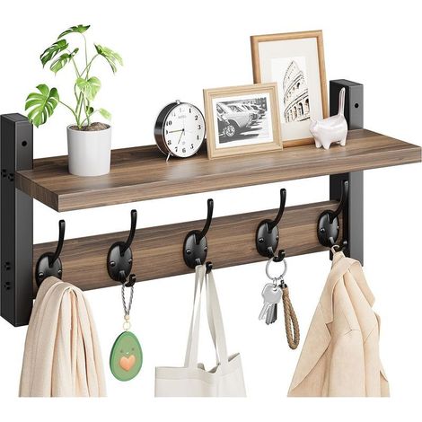 Portemanteau mural avec étagère, Porte-vêtements en bois pour mur avec 5 crochets doubles, Étagères suspendues (1/5)