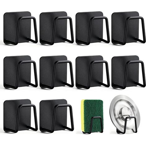 10 Pièces Porte-Éponge Évier Cuisine, Porte-Éponge Autocollant en Acier Inoxydable Crochet pour Éponge Brosse Noir Accessoire de Adhésif pour Cuisine Salle de Bain (1/5)