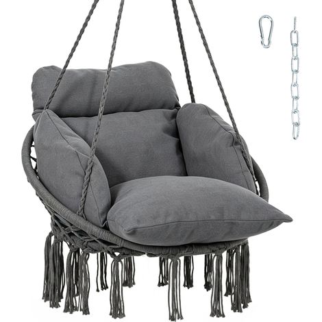 Chaise suspendue - Outsunny - avec grand coussin rembourré - à franges - kit de suspension - cadre en acier - tissage - gris foncé