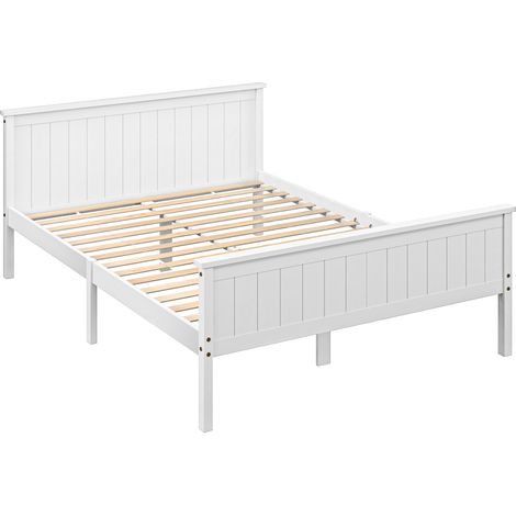 Homcom – Cadre de lit en bois massif 140 x 200 cm – Sommier à lattes silencieux – Dégagement sous le lit 29 cm – Assemblage facile – Blanc (1/5)