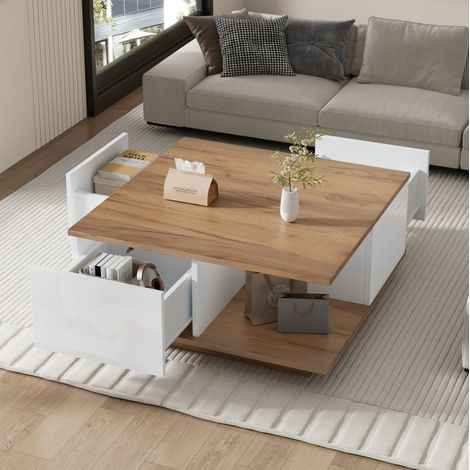 Couchtisch aus Spanplatte 70 x 70 x 31,5 cm in Weiß und Nussbaum, quadratisch mit 3 Schubladen (1/5)