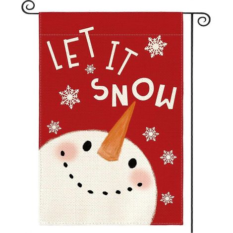 Drapeau de jardin rouge à motif bonhomme de neige et flocon de neige, 30 x 45 cm, double face, pour l'extérieur. Décorations hivernales et de Noël. (1/5)
