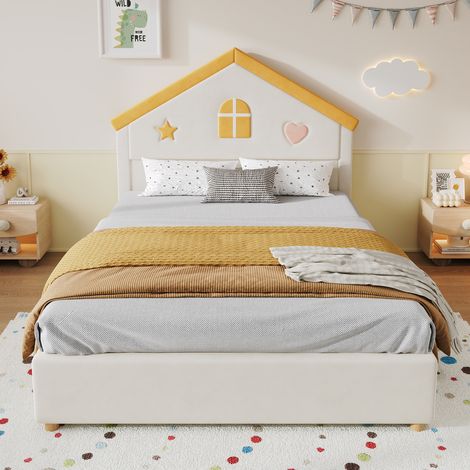 Lit maison enfant rembourré 140x200cm - 4 tiroirs rangement + maison décorative - velours - beige (1/5)