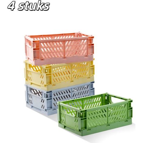Lot de 4 boîtes de rangement pliables en plastique – Mini paniers colorés pour tiroirs, bureau, salle de bain, chambre et école – Vert, bleu, jaune, rose (1/5)