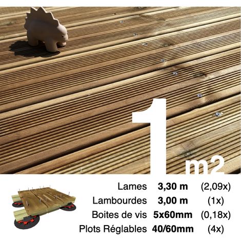 Kit complet terrasse Pin autoclave Marron pour 1 m² • Lames 3,3 m, lambourdes 3 m, plots réglables et visserie Inox