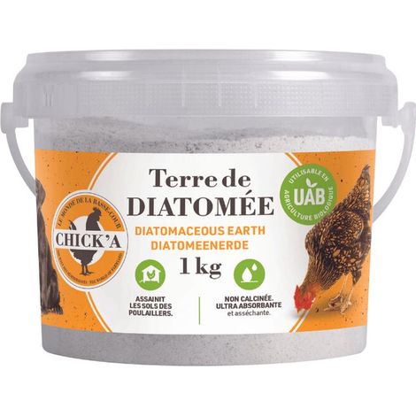 – Terre de diatomée non calcinée 1 kg – Absorbe les odeurs et l'humidité – Non toxique pour animaux de compagnie – Assainit poulaillers (1/4)