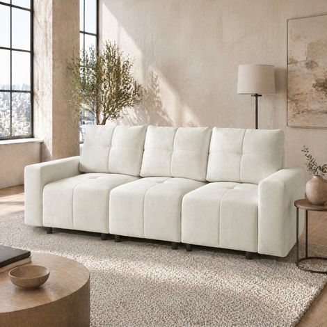 Canapé modulable 3 places 213 cm avec fonction lit, chenille beige blanc, REDOM (1/5)