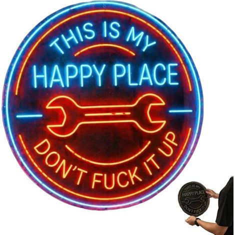 Panneau néon amusant à LED pour garage, décoration murale avec clé « This Is My Happy Place » - Décoration lumineuse bleue et orange - Décoration élégante pour cave, atelier, bar et intérieur de (1/5)